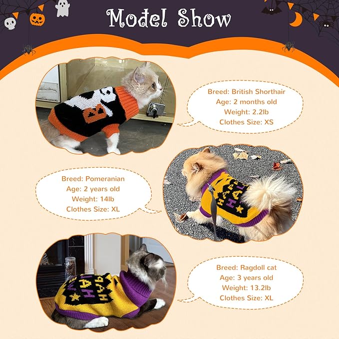 2Pcs Halloween Dog Sweaters Kitten Cat Knitwear Puppy Cat Halloween Pumpkin Ghost Sweater Pet Halloween Sweater Clothes Outfit Costume for Kittens Cats Puppies Small Medium Dogs XS