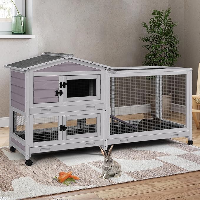 Indoor Rabbit Hutch with Pull-Out Tray, Weatherproof Rabbit Cage for Outdoor/Indoor Use, Bunny Hutch Chicken Coop with Run (Grey)