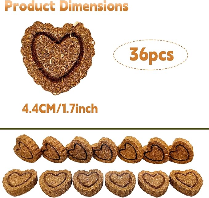 36PCS Bunny Chew Toys, Grinding Natural Carrot Grass Cake Treats for Rabbits Guinea Pigs Chinchillas Gerbils Hamsters Improves Dental Health(Carrot Heart-Shaped GrassCake)