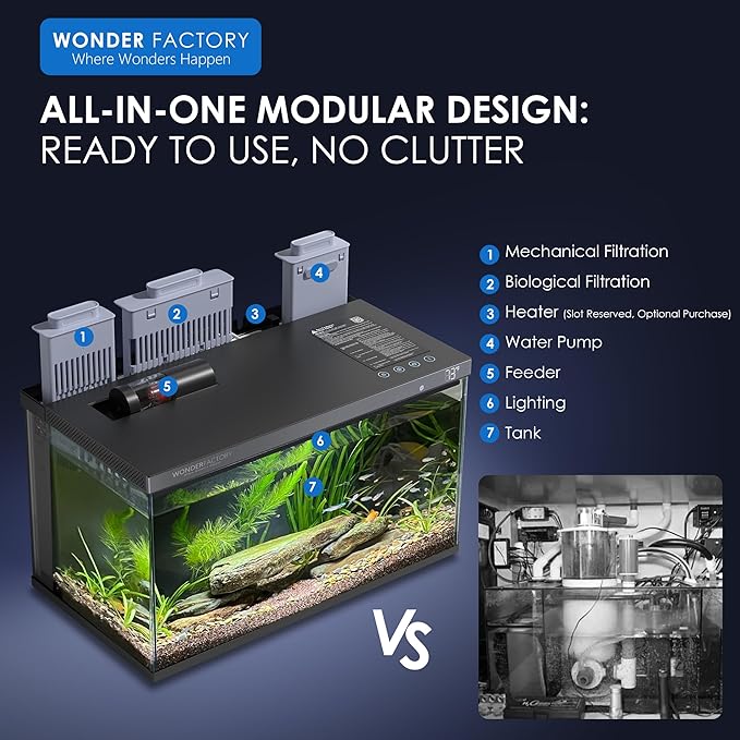 Smart Aquarium Fish Tank 5 Gallon Starter kit, Self Cleaning System Efficiency Filter 7 Color LED Lights Automatic Feeder Temperature Display Monitor HD UHA Glass Leak-Proof, Smart Control with Apps
