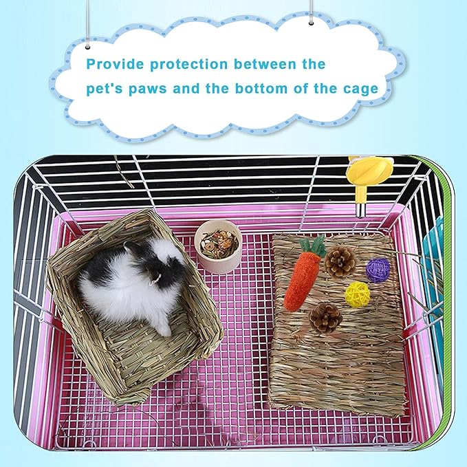 kathson Bunny Grass Bed Portable Grass Bed Mat Hand-Made with Natural Straw Lightweight Paws Protection Bedding Nest Small Animals Chew Toys for Rabbit Guinea Pig Hamster Gerbil Chinchilla Mice