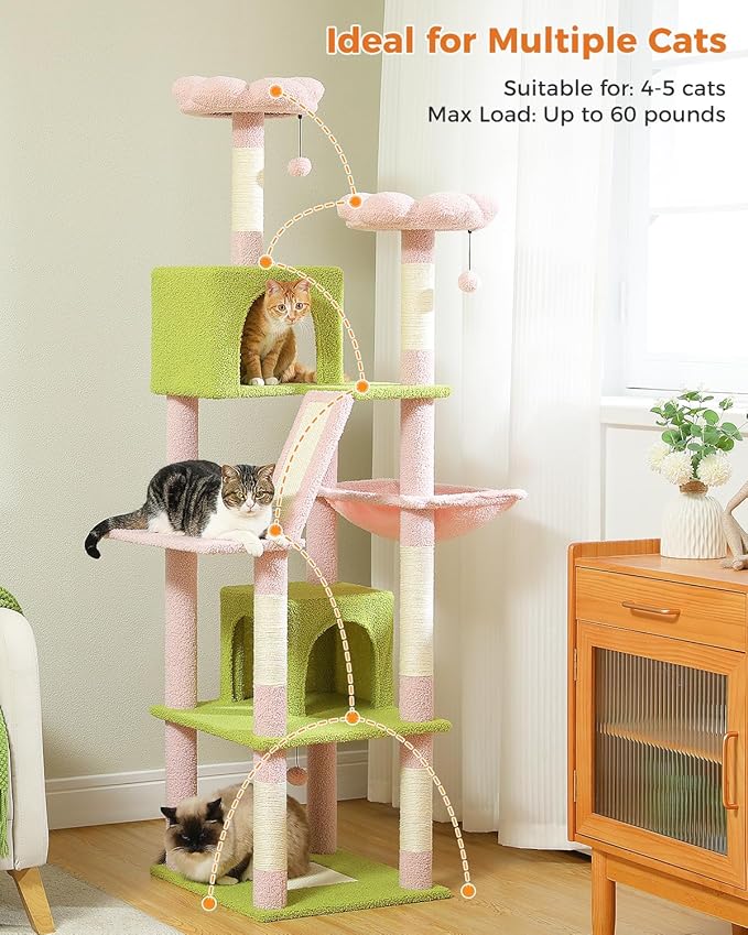 Flower Cat Tree, 70.9" Tall Cat Tree for Indoor Cats, Large Cat Tree for Large Cats, Multi-Level Tall Cat Tower with 6 Scratching Posts, 2 Cat Condos, 2 Perches, Large Hammock, Pompoms, Pink
