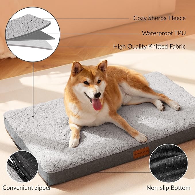 Patas Lague Orthopedic XL Dog Bed Large Sized Dog 42''X28'', Soft Waterproof Egg Crate Foam Large Pet Crate Beds Mat with Removable Washable Cover and Non-Slip Bottom, Light Grey