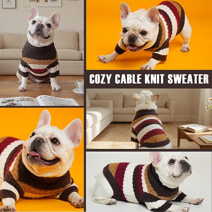 Dog Sweater, Pet Cable Knitted Turtleneck Sweater, Warm Dog Pullover Sweater with Legs for Winter, Thick and High Stretch Pet Clothes for Small, Medium Dogs Boy Girl(Brown, Small)