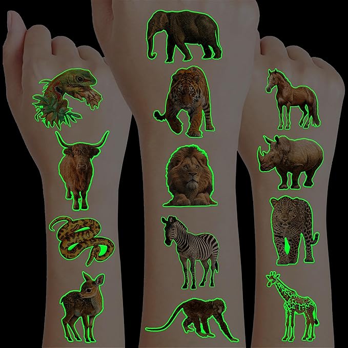 96 PCS Realistic Wildlife Jungle Animal Glow In The Dark Luminous Pre-Cut Temporary Tattoos Sticker Reptile Birthday Party Decorations Supplies Favors Gifts Boys Girls Zoo Cute Fake Tattoo Themed