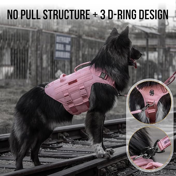 OneTigris Large Tactical Dog Harness, No Pulling Adjustable Dog Vest Harness, Heavy Duty Dog Harness with Handle, Large Hook and Loop Panels for Patch(Pink,S