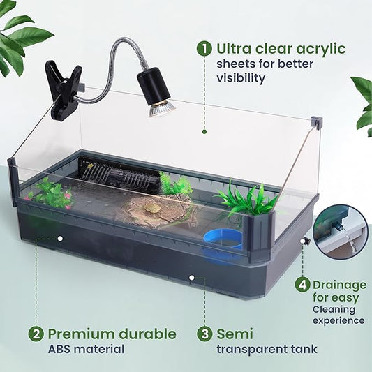 Large Turtle Tank Kit for Aquatic Turtles – Complete Starter Habitat with Filter, UVB Lamp, Basking Platform, Plants, Feeding Ring – Turtle Aquarium Kit (Black)