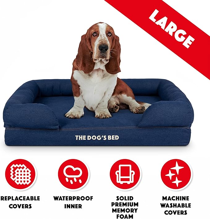 The Dog’s Bed, Large Blue Denim 36x27, Memory Foam, Pain Relief: Arthritis, Hip & Elbow Dysplasia, Post Surgery, Lameness, Supportive, Calming, Waterproof Washable Cover, Veterinary Approved