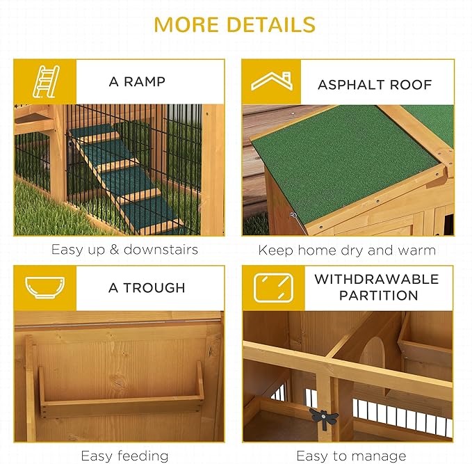 PawHut Rabbit Hutch, 2 Story Outdoor Bunny Cage with Slide-Out Tray, Run Cage, Openable Top for Rabbits, Guinea Pig, Yellow