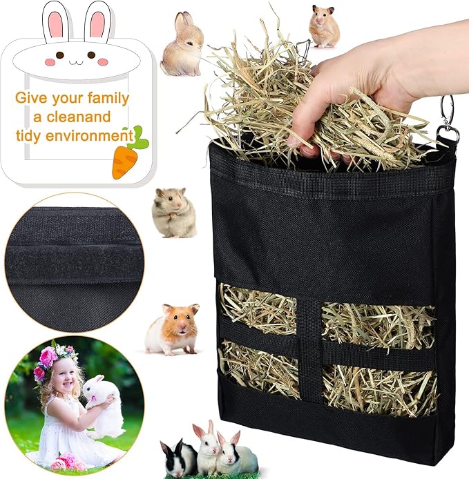 Frienda 2 Pcs Guinea Pig Hay Bag 11 x 9.1 Inch Guinea Pig Hanging Hay Feeding Bag Storage Dispenser for Chinchilla Hamster Bunny Small Animal Pet(Black)