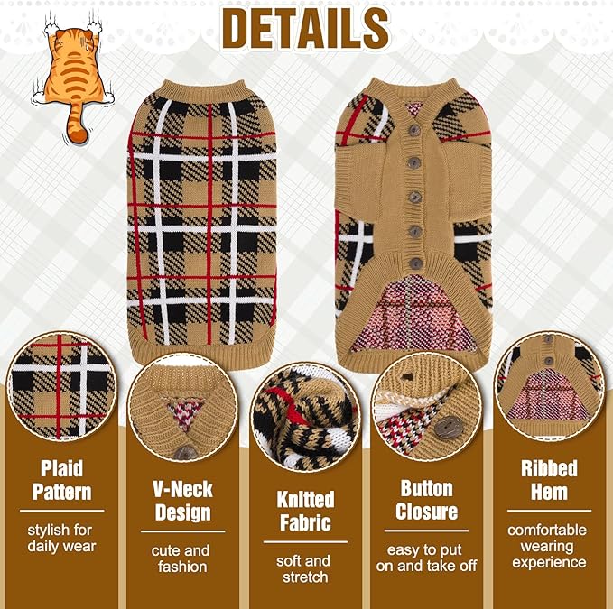 EXPAWLORER Cat Sweater Cardigan - Stylish Knit Cat Clothes, Plaid British Style Soft Puppy Sweater with Sleeve, Warm Pet Clothing Knitwear, Fall Winter Kitten Coat for Girl Boy Cats, Beige M