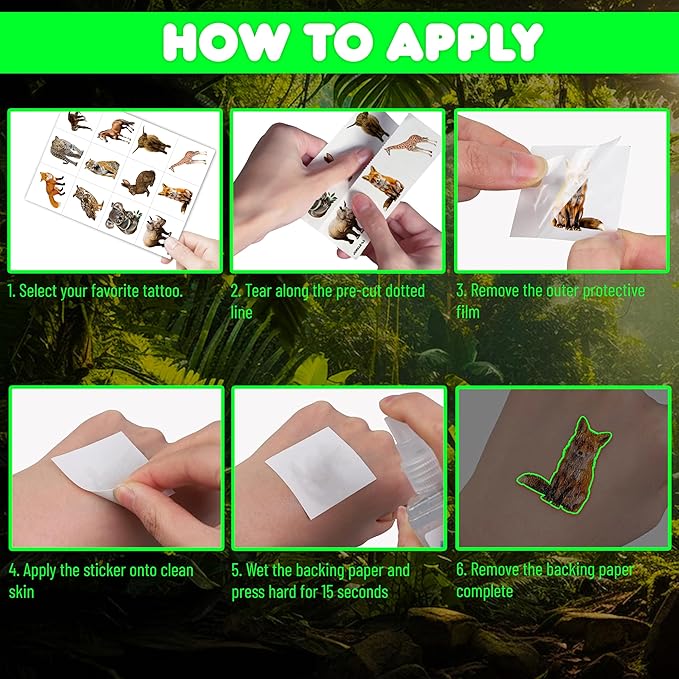96 PCS Realistic Wildlife Jungle Animal Glow In The Dark Luminous Pre-Cut Temporary Tattoos Sticker Reptile Birthday Party Decorations Supplies Favors Gifts Boys Girls Zoo Cute Fake Tattoo Themed