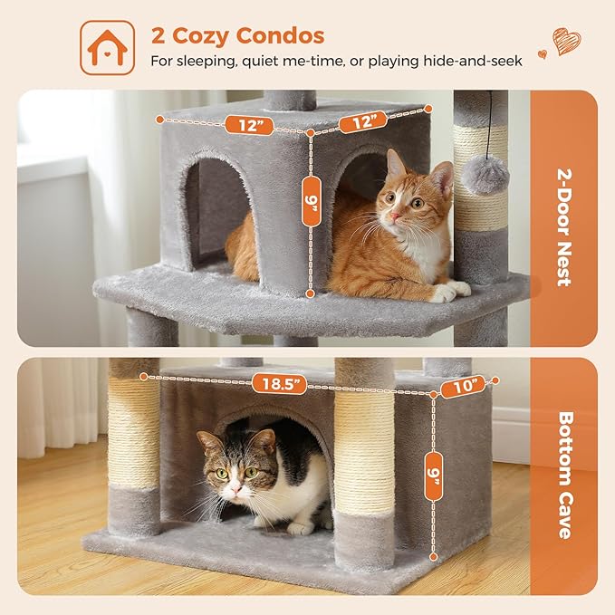 64.5-inch Plush Cat Tree for Indoor Cats with Large Metal Frame Hammock - Multi-Level Cat Tower with 2 Top Perches, 2 Condos, 7 Scratching Posts & Pompoms, Sturdy Pet House Toys, Grey