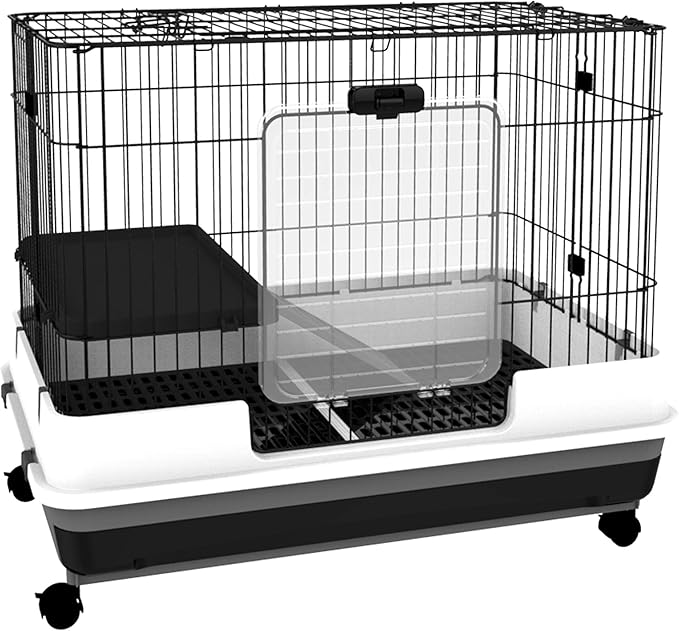PawHut 2-Level Small Animal Cage Rabbit Hutch with Wheels, Removable Tray, Platform and Ramp for Bunny, Chinchillas, Ferret, Black