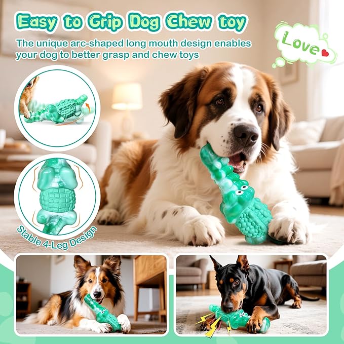 Dog Chew Toys for Aggressive Chewers - Indestructible Squeaky Crocodile Dog Toy for Small/Medium/Large Breeds, Best Tough Chew Toys for Teeth Cleaning and Anxiety Reduction, Boredom or Stress Relief