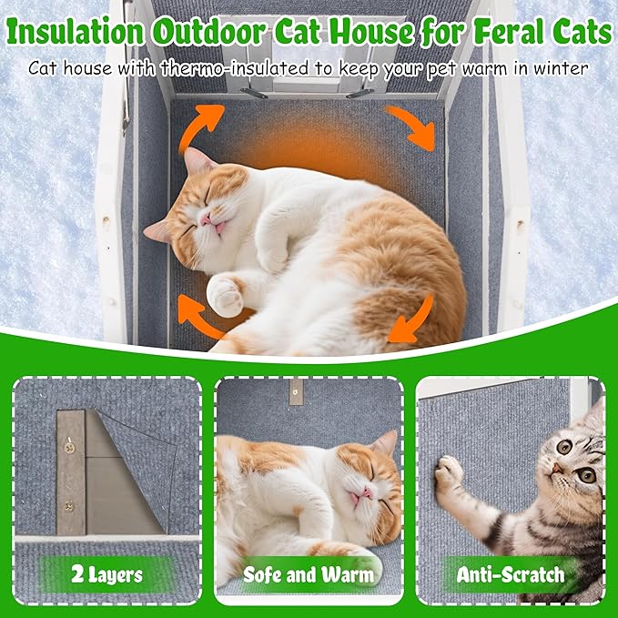 Insulated Outdoor Cat House Weatherproof Feral Cat Shelter for Winter Outside Cat Houses for 1-2 Cats Indoor Pets Condo with Waterproof Roof & Escape Door, 6.3" Raised Base & Balcony