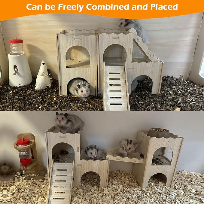 Large Hamster Hideout, Wooden Hamster Houses and Hideouts, Double-Decker Hamster Hut Castle, Dwarf Gerbils Habitat House with Climbing Ladder, Multi Chamber Syrian Hamsters Hides