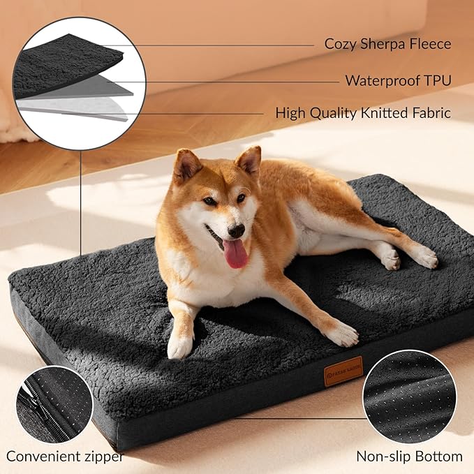 Patas Lague Orthopedic Jumbo Dog Bed for Large Sized Dog 56''X40'', Soft Waterproof Egg Crate Foam Large Pet Crate Beds Mat with Removable Washable Cover and Non-Slip Bottom, Black