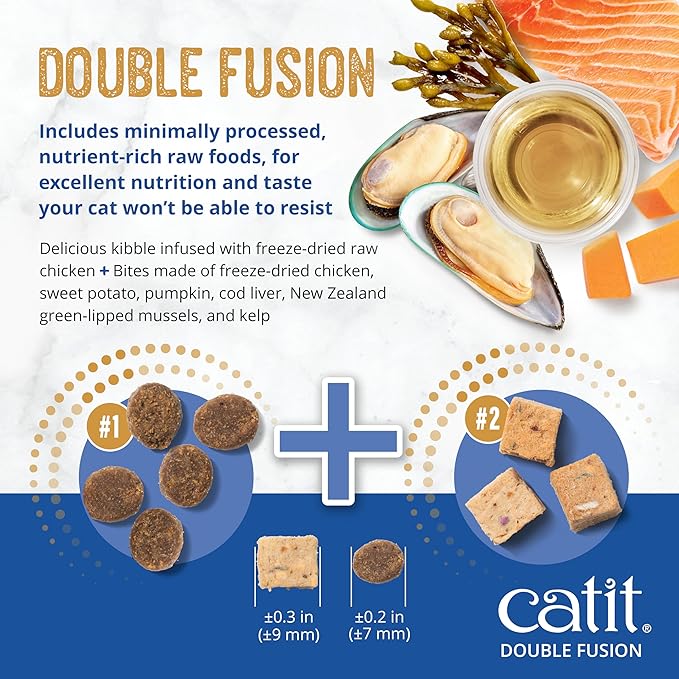 Catit Recipes Double Fusion Skin & Coat Cat Food – Ocean Fish Recipe, High-Protein, Freeze-Dried Raw Toppings, Omega-Rich for Healthy Skin & Fur, No by-Products, Minimally Processed, 4 lb