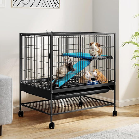 DWVO 2-Tiers Small Animal Cage with Wheels, Indoor Critter Nation Cage for Ferrets, Chinchillas, Guinea Pigs, Large Hamsters, Rabbits, Hedgehogs