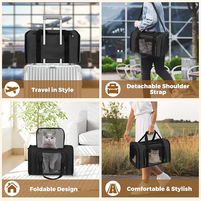 Airline Approved Pet Carrier for Cats & Small Dogs – Soft Sided Travel Bag 17"x11"x11", Portable Collapsible Under Seat Pet Carrier with Mesh Windows & Shoulder Strap, Black