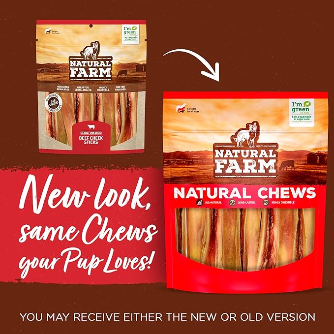 Natural Farm Bully Cheek Stick, 5-6-Inch (25-Pack)- Best Bully Stick Alternative, 100% Natural Beef Cheeks for Dogs- High Protein, Cleans Teeth Treats, Long Lasting Beef Chews for All Dog Sizes