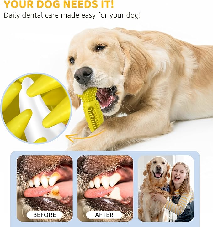 Dog Chew Toy for Teeth Cleaning, Natural Rubber Toothbrush Stick with 360° Bristles, Durable Dog Toys for Aggressive Chewers, Interactive Dental Toy for Medium and Large Dogs (Yellow)