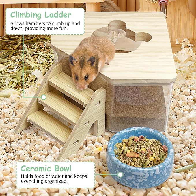 kathson Hamster Sand Bath Box Transparent Acrylic Small Syrian Hamster Shower Bathtub Small Gerbil Digging Sand Container with Climbing Ladder and Ceramic Bowl Cage Accessories for Lemmings Mice