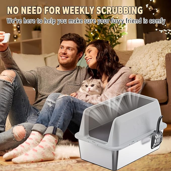 Stainless Steel Litter Box,Large Cat Litter Box with Cat Litter Mat,23.62 L×15.75 W×13.78 H,Heightened Fence Design,Easy to Clean, Odor-Free,Pet Toilet Supplies Wite Shovel