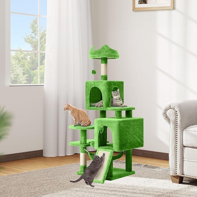 DWVO 54 in Multi-Level Cat Tower: Cats Tree for Indoor Kittens, Pet Furniture with Kitty Condos, Sisal Scratching Posts, Plush Perches, Cozy Hammock, Green