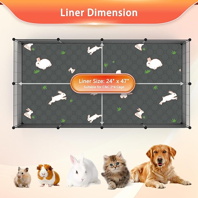 2-Pack Guinea Pig Cage Liner, 24" x 47" Reusable Guinea Pig Bedding Washable Absorbent Pee Pads for Dogs Rabbit Chinchilla Hamster, Leakproof & Anti Slip