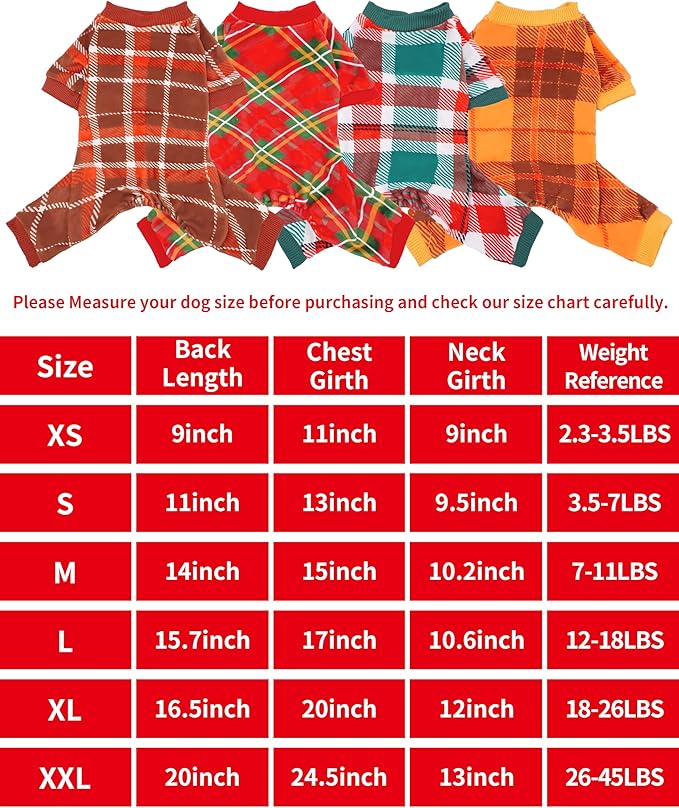 PET SHOW 4 Pack Small Dog Pajamas Holiday Dog Clothes for Medium Dogs Girl Boy Soft Stretchy PJs Plaid Jumpsuit Puppy Fall Onesies Outfits with Sleeve Pets Dachshund Costume(XL, Plaid)