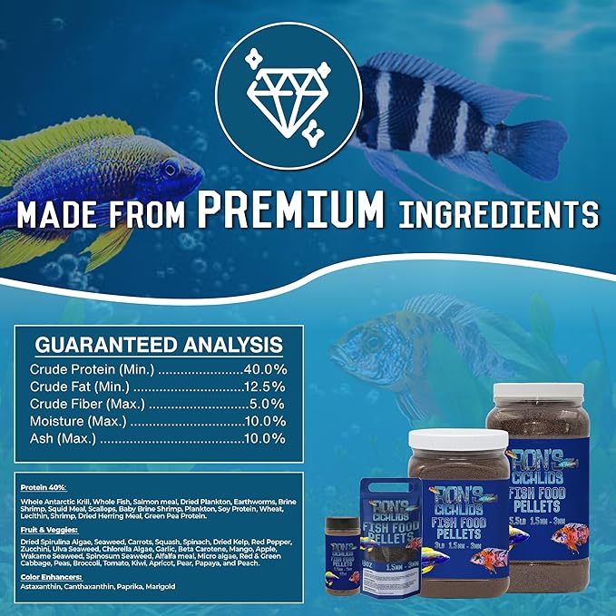 RON'S CICHLIDS Mbuna Blend Fish Food, Premium Tropical Fish Food Pellets with Protein, Veggies & Fruits for Healthier, Brighter & Bigger Tropical Fish & Cleaner Tanks, 5.5 LB