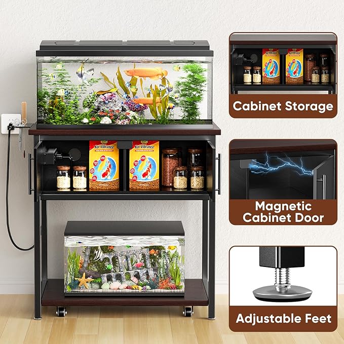 20-29 Gallon Fish Tank Stand with Power Outlet and Storage Cabinet,Aquarium Stand with Slide-Out Fish Tank Shelf,Heavy Duty Metal Frame and Waterproof Wood,31.5" L x 15.7" W 770LBS Capacity