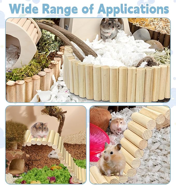 kathson 2Pcs Wooden Hamster Suspension Ladder Bridge,Bendable Long Climbing Ladders Pet Cage Toy Accessories Hideout Natural Chew Balls for Mouse Chipmunk Rabbits and Other Small Animals