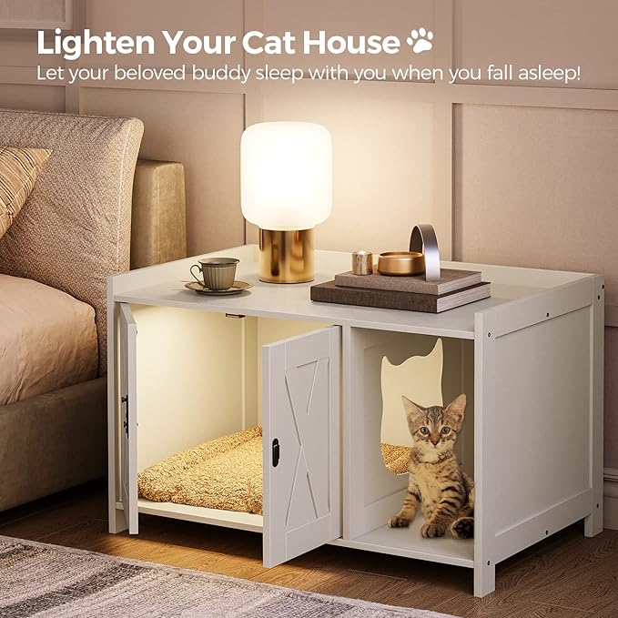 Cat Litter Box Enclosure, Hidden Litter Box Furniture with Divider, Indoor Cat House, Wooden Cat Washroom Storage Cabinet Bench, for Living Room, Bedroom, White CWWT2501