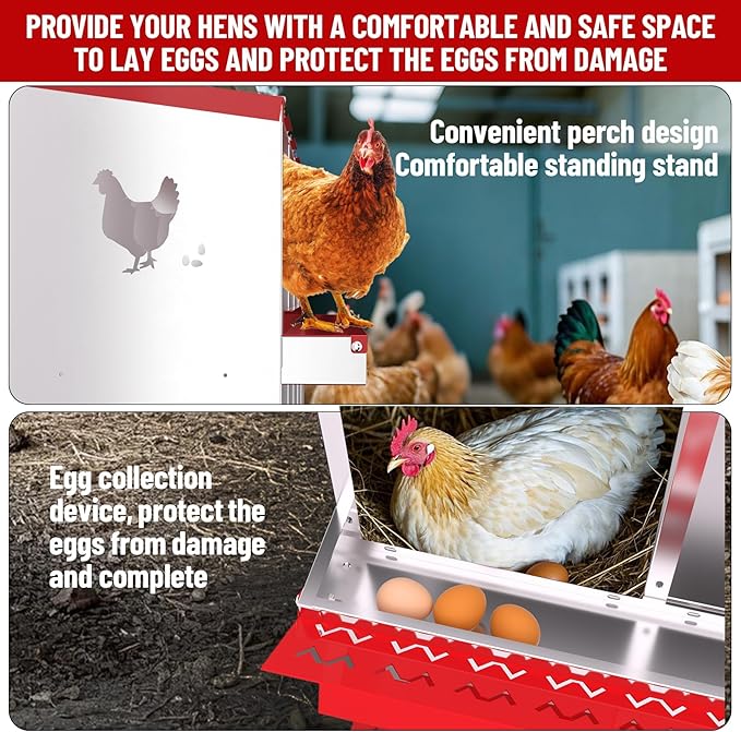 6 Compartments Chicken Nesting Box,Metal Chicken Egg Laying Box, Nesting Boxes,Easy Egg Collection, Easy Cleaning（Red）
