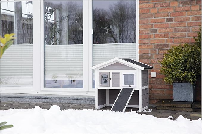 TRIXIE Insulated Outdoor Cat House, Weatherproof 2-Story Cat Home with a Ramp, 2 Covered Openings, Spacious Outdoor Shelter to Rest and Play with, Pewter & White Fir Wood