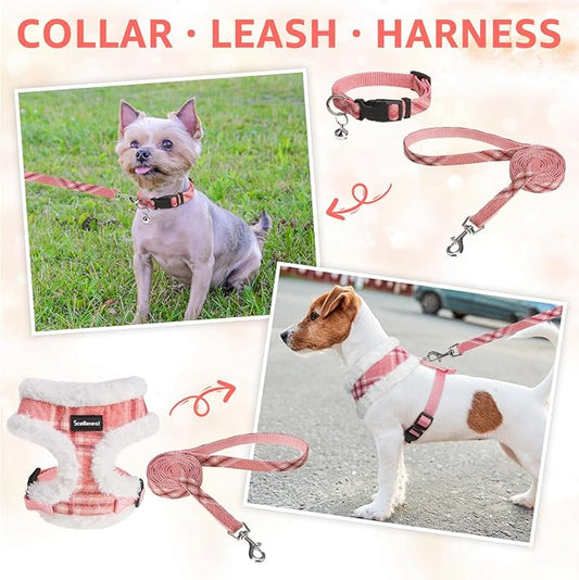 SCENEREAL Dog Harness Collar and Leash Set, Warm Fleece No Pull Puppy Vest Harnesses No Chock Adjustible Step in Small Pet Halter for Outdoor Walking Training, Pink Plaid S
