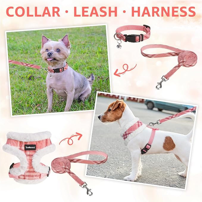 SCENEREAL Dog Harness Collar and Leash Set, Warm Fleece No Pull Puppy Vest Harnesses No Chock Adjustible Step in Small Pet Halter for Outdoor Walking Training, Pink Plaid XS
