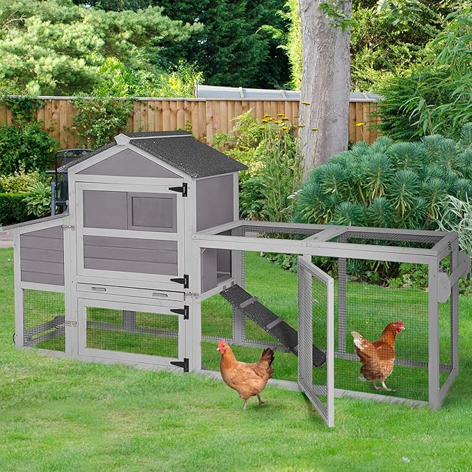 Aivituvin Chicken Coop On Wheels Mobile Hen House Outdoor Wooden Poultry Cage with Run for 2-4 Chickens, UV Protection, Nesting Box, Pull-Out Tray (Gray)