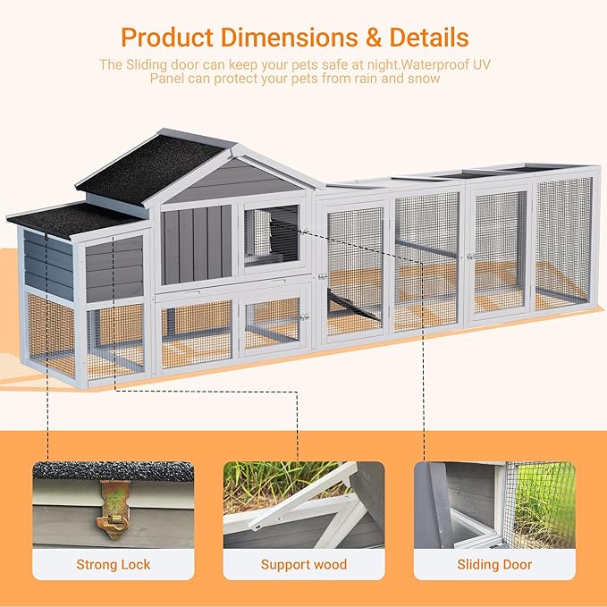 113.5" Gray Large Wooden Chicken Coop with Run – Outdoor Hen House for 2-4 Chickens, Waterproof & UV-Resistant Roof, Nesting Box with Hinged Lid, Sliding Door, Removable Tray, Secure & Easy-Clean