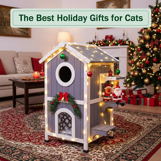 GEGURI Outdoor Heated Cat House Winter-Proof, Two-Story Insulated Shelter for Feral Cats with Thermal Layer, Removable Roof, Balcony & Escape Door