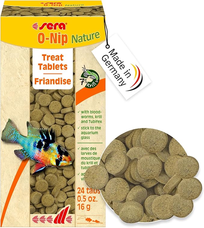 Sera O-Nip Nature 24 Tabs 0.6 oz | Complete Feed for All Ornamental Fish | Adhesive Tablets Stick to The Aquarium Glass | High Protein | No Dyes & Preservatives | with Bloodworms, Krill & Tubifex