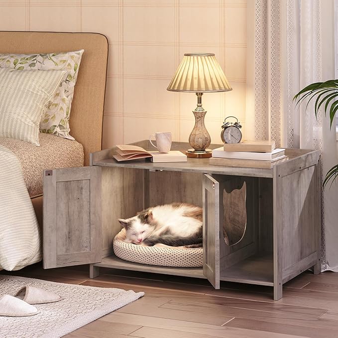 Cat Litter Box Enclosure, Hidden Litter Box Furniture with Divider, Indoor Cat House, Wooden Washroom Storage Cabinet Bench, as End Table, for Living Room, Bedroom, Greige CWHG2501Z