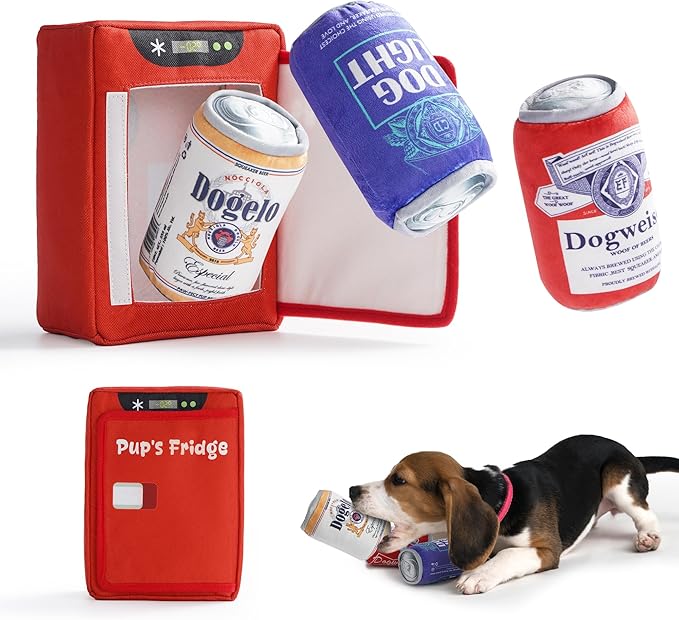 Nocciola 3 Packs Funny Beer Dog Toys with a Fridge, Interactive Hide and Seek Pet Supplies for Small Medium Large Breeds, Squeaky Crinkle Plush Stuffed Chew Toys for Mental Stimulation Anxiety Release