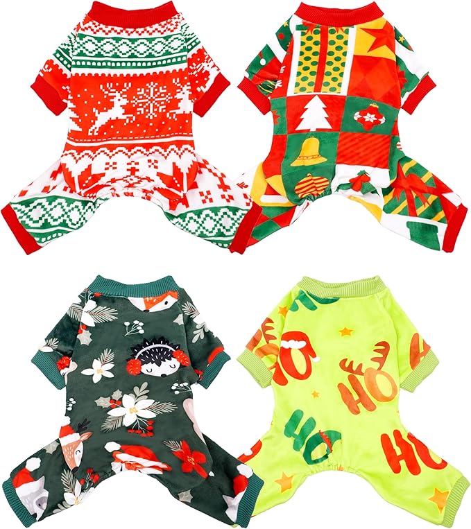 PET SHOW 4 Pack Christmas Small Dog Pajamas Holiday Dog Clothes Doggies Girl Boy Soft Stretchy PJs Xmas Jumpsuit Puppy Cats Onesies Red Green Outfits with Sleeve Pets Dachshund Costume S