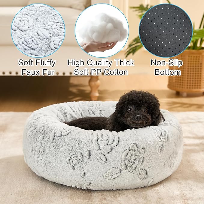 Dog Calming Beds for Small Medium Large Dogs - Round Donut Washable Puppy Dog Bed, Anti-Slip Faux Fur Fluffy Donut Cuddle Anxiety Cat Pet Bed (32" Rose)