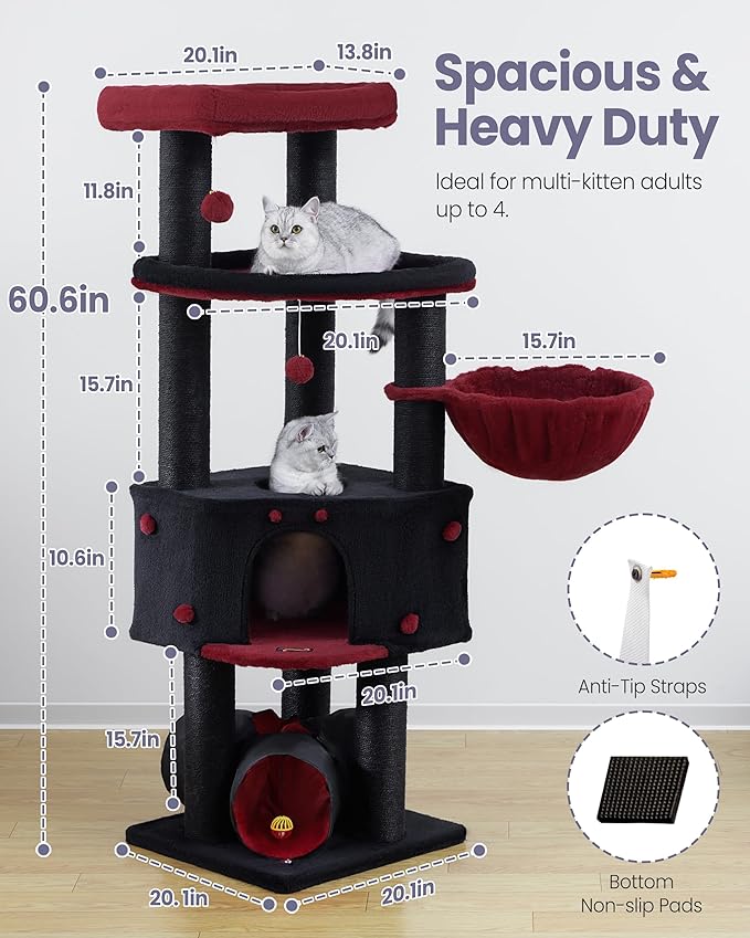Cat Tree Tower for Indoor Cats Large Adult - Tall Kitty Condo House with Hammock Scratching Post Tunnel - 60 Inch Big Kitten Bed Condos Trees - Heavy Duty Kittens Houses Stand for Multiple Maine Coon