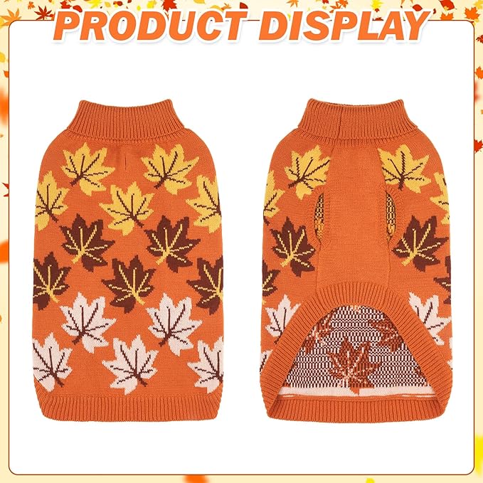 KOOLTAIL Fall Dog Sweater, Thanksgiving Dog Sweater with Autumn Maple Leaf Pattern, Cold Weather Pet Knitted Winter Coats Clothes Turtleneck Pullover for Small Medium Large Dogs Cat Boy Girl, Orange M
